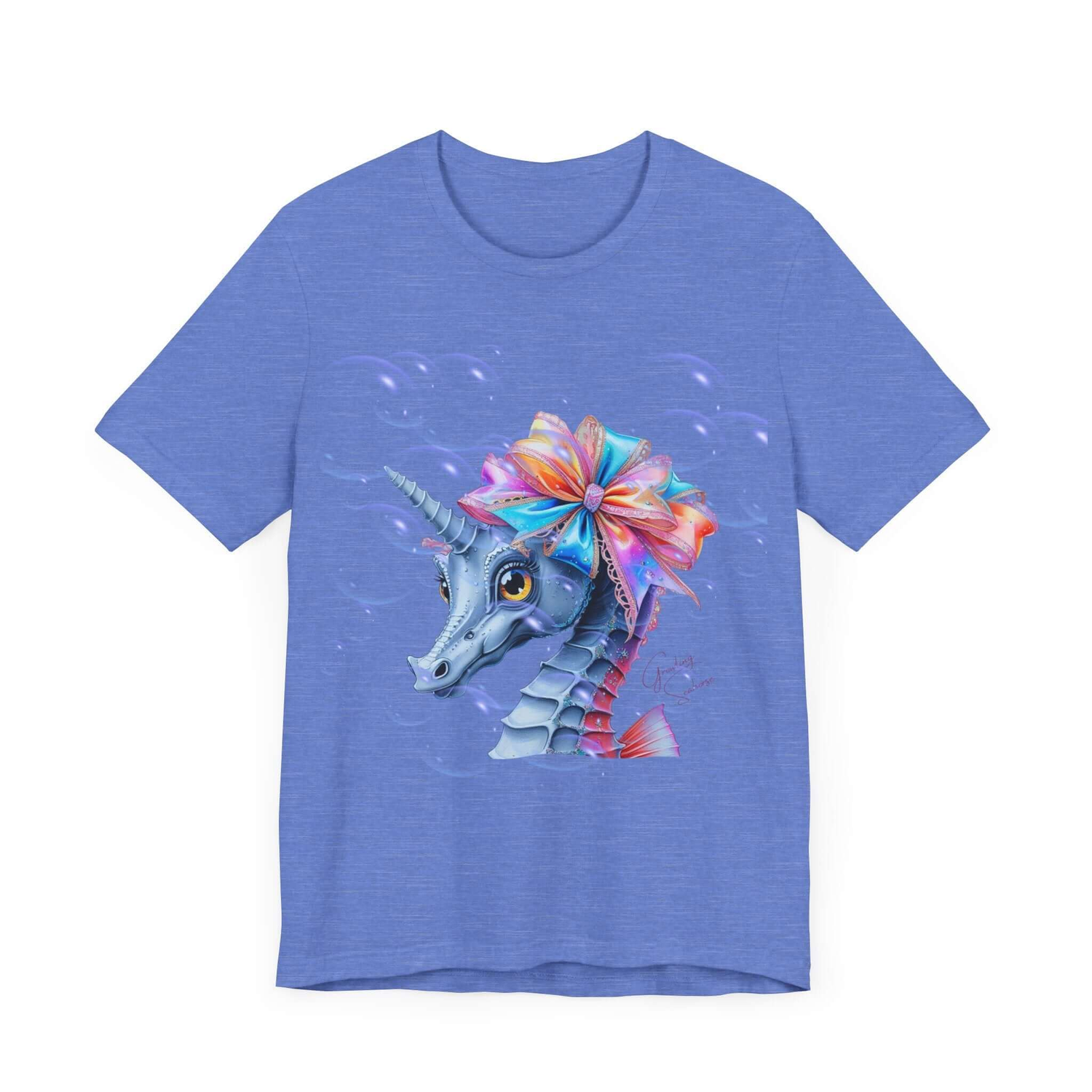 Blue tee featuring a pastel seahorse-unicorn hybrid with a rainbow satin bow and dreamy bubble details. Perfect for coquette fashion lovers and whimsical sea-core aesthetics.