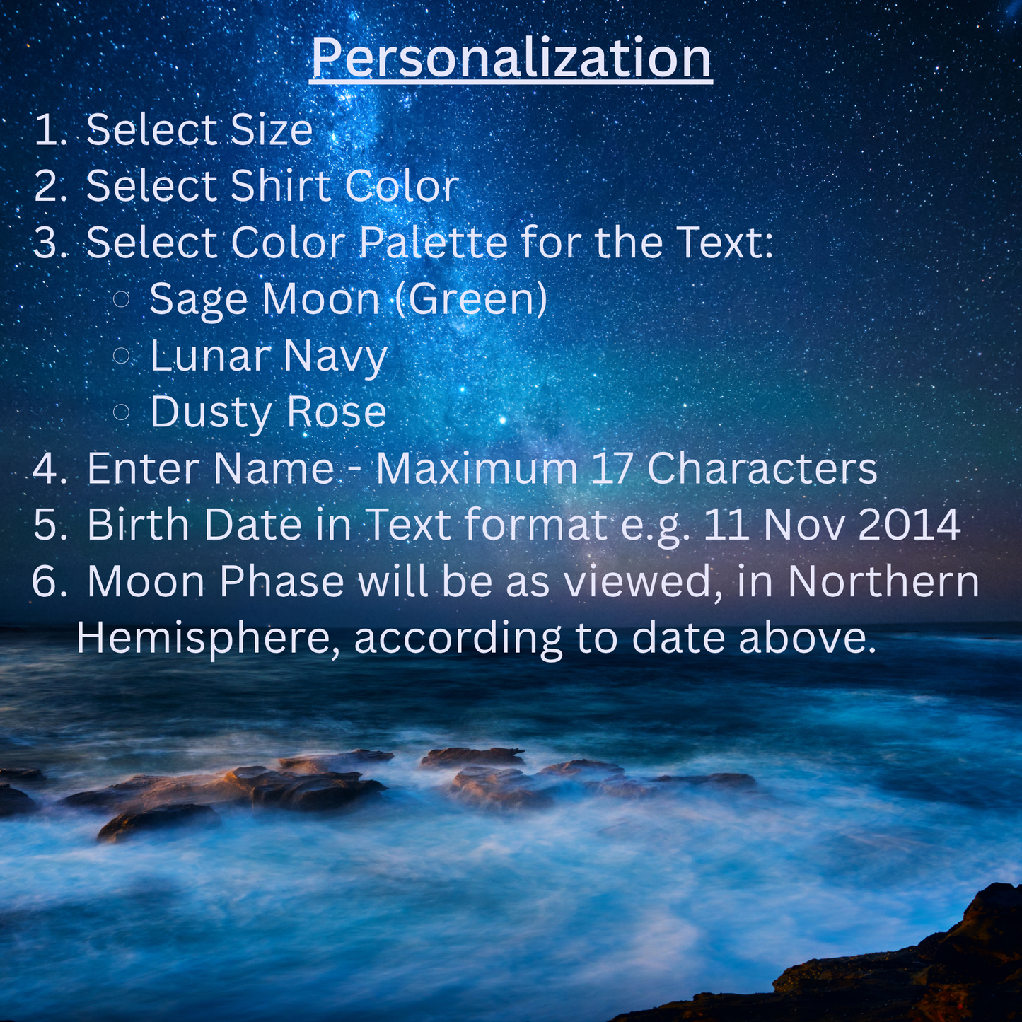 Starry night sky over water with text overlay for personalization options.