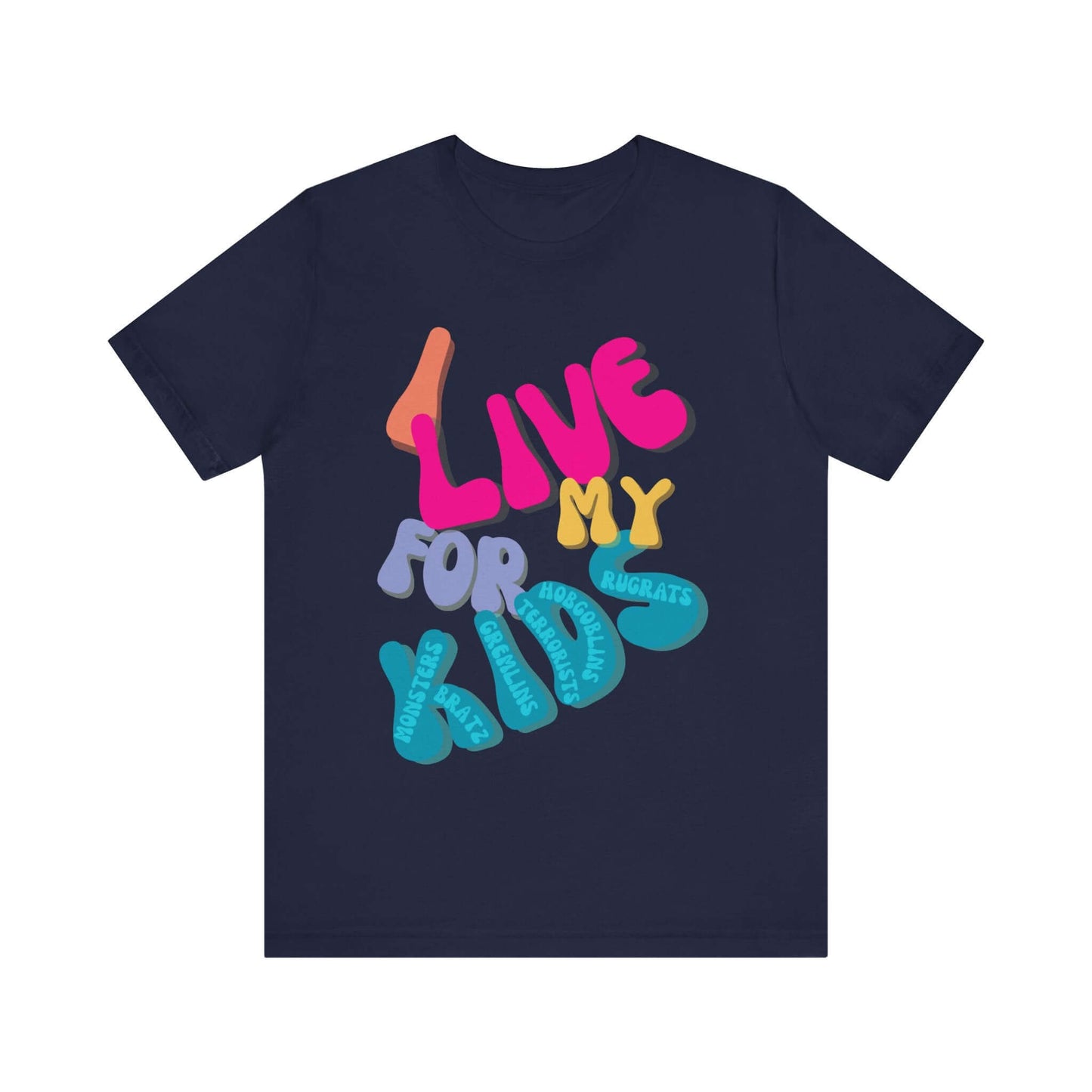 Funny unisex parenting tee in Navy Blue with bold typography and humorous kid nicknames