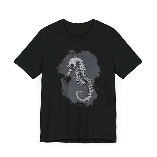 Edgy black tee featuring a skeletal seahorse in haunting monochrome. Perfect for fans of gothic, fantasy, and ocean-inspired dark art.