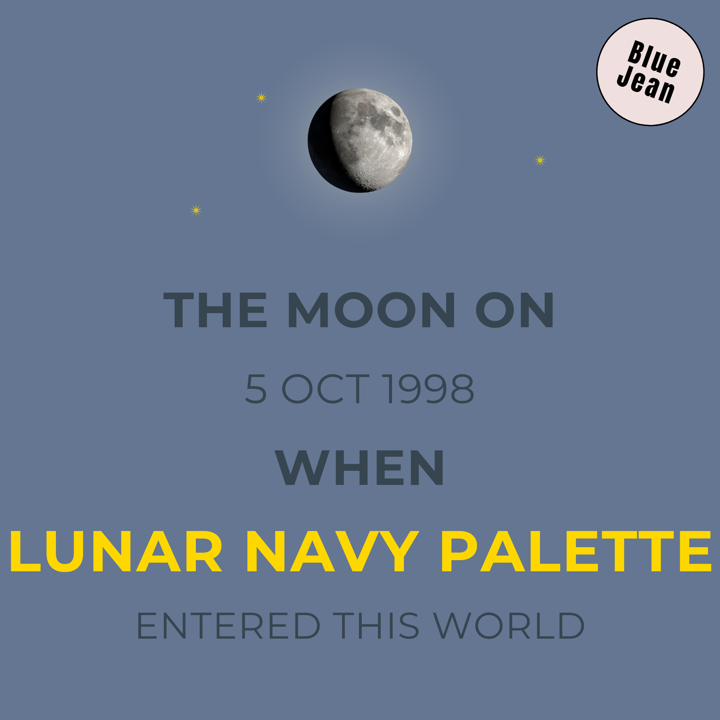 Image of the moon with text and a Blue Jean logo on a blue background