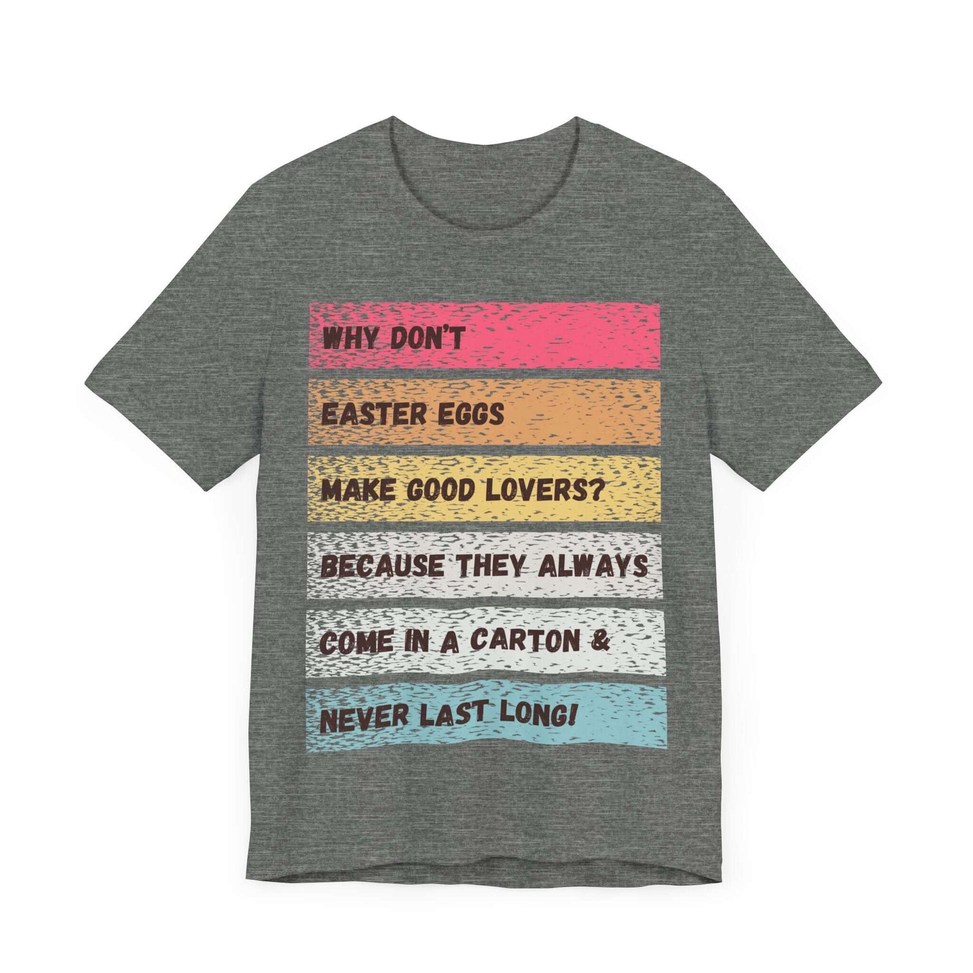 Dark grey tee with bold vintage-styled pastel color blocks featuring humorous Easter text about egg lovers. Great for cheeky humor fans and adults with a bold fashion edge.