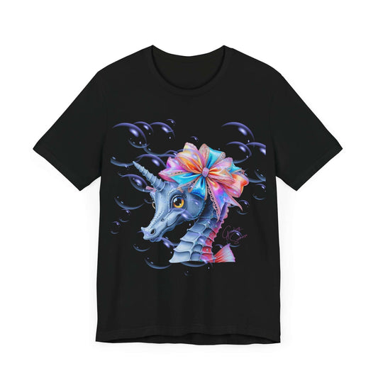 Black tee featuring a whimsical seahorse-unicorn hybrid adorned with a colorful bow and magical bubble accents. A quirky fashion pick for those who love mythical sea creatures and bold, fantasy-inspired style.