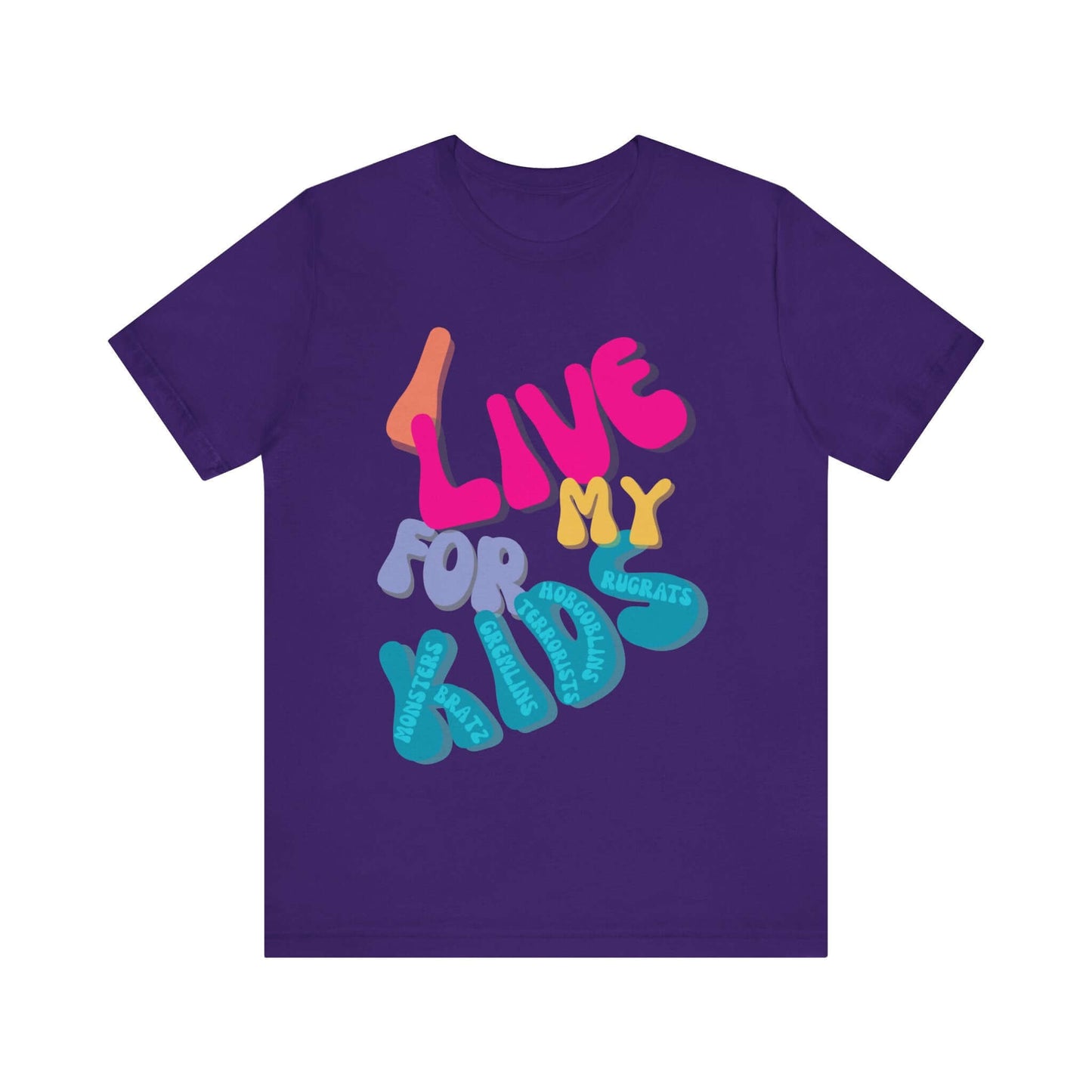 Vibrant purple Bella Canvas shirt with "I Live for My Kids" text and playful terms like hobgoblins and gremlins
