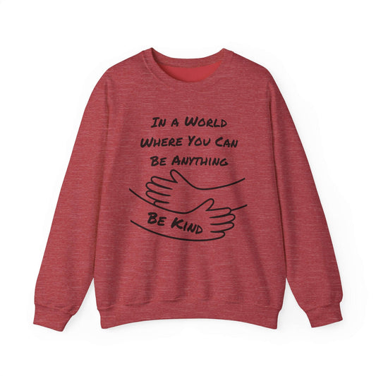 Bold red kindness sweatshirt with black hugging arms and impactful typography. Great for birthday presents, mental health support wear, or cozy winter layering with heart.