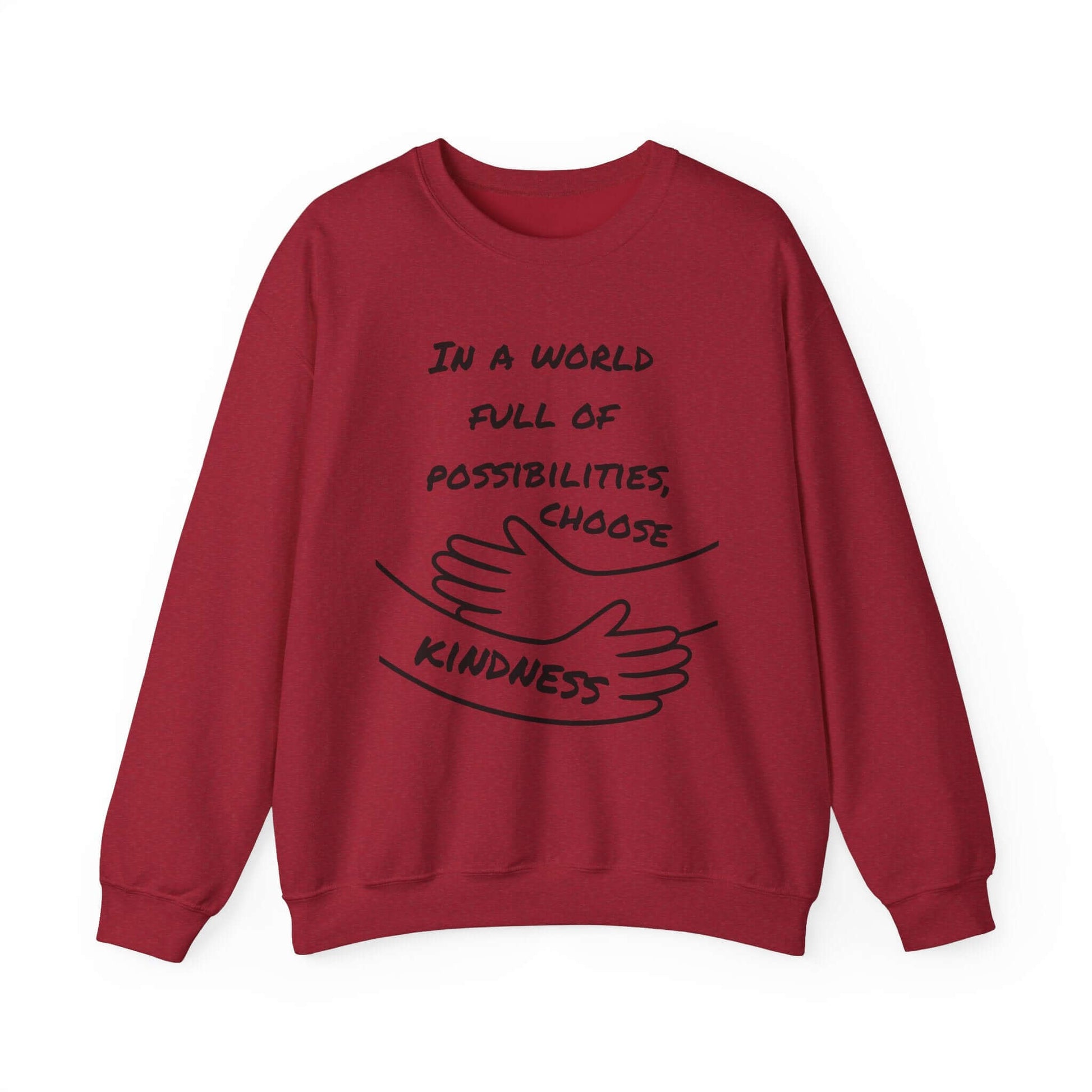 Bold red sweatshirt with “choose kindness” message in a hugging arms design. An empowering and stylish look for anyone spreading love and empathy.