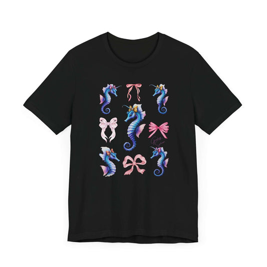 Unisex black shirt with dreamy Coquette marine design. Features adorable flower-crowned seahorses, pink ribbon graphics, and soft feminine energy.