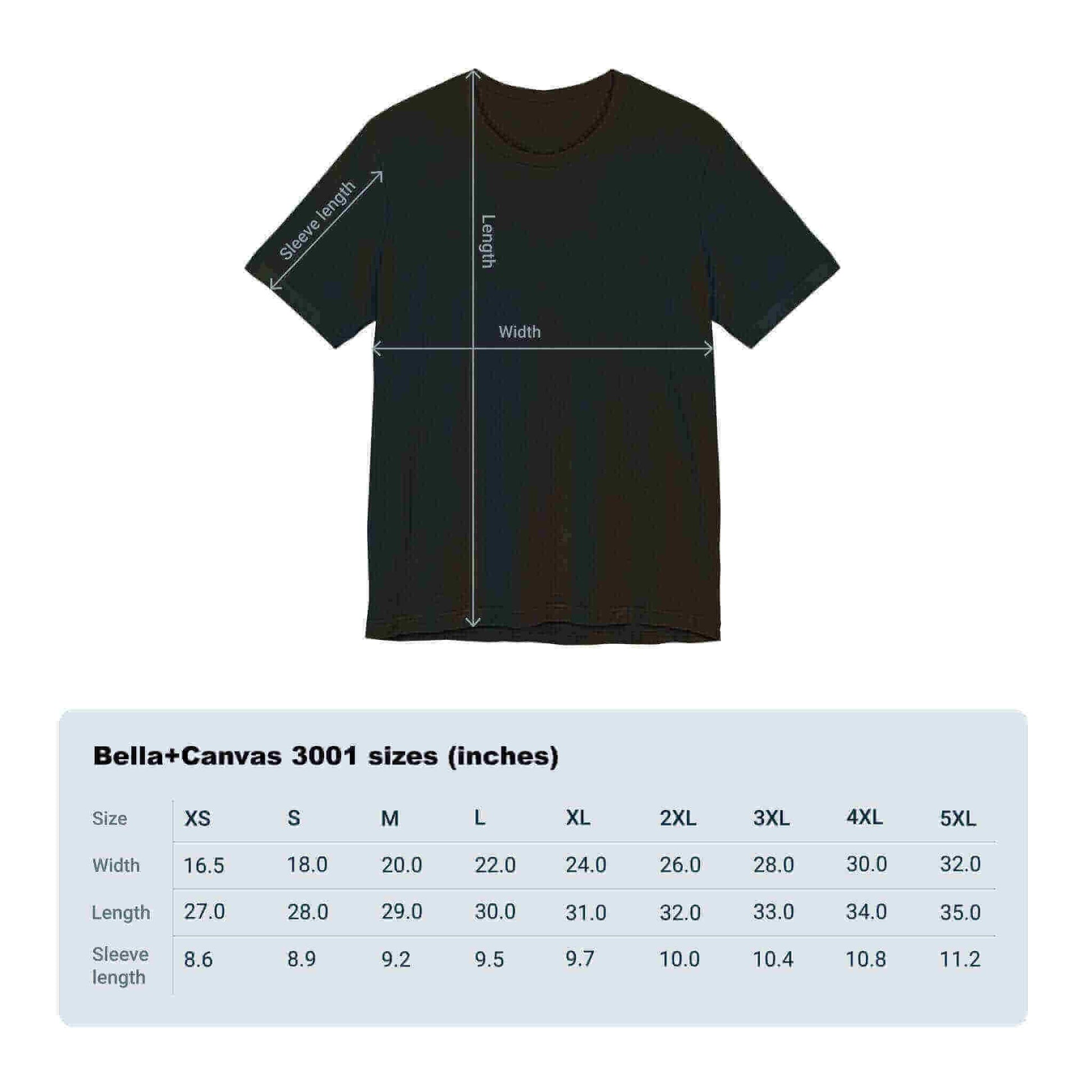 Size chart for unisex Bella & Canvas 3001 Style T-shirt in inches