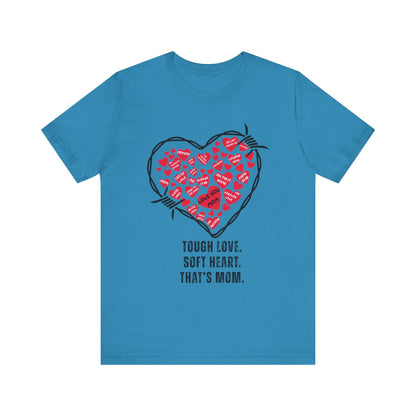 Blue t-shirt with a white barbed wire heart filled with bright red hearts featuring loving phrases for Mom. Bold apparel meets heartfelt humor, a funny t-shirt for quirky fashion fans.