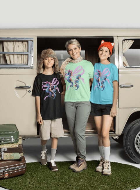 Family in camping bus with various colored t-shirts featuring a trio of pastel seahorses decorated with large pink bows. The design is a perfect blend of bold apparel and soft girl aesthetic.