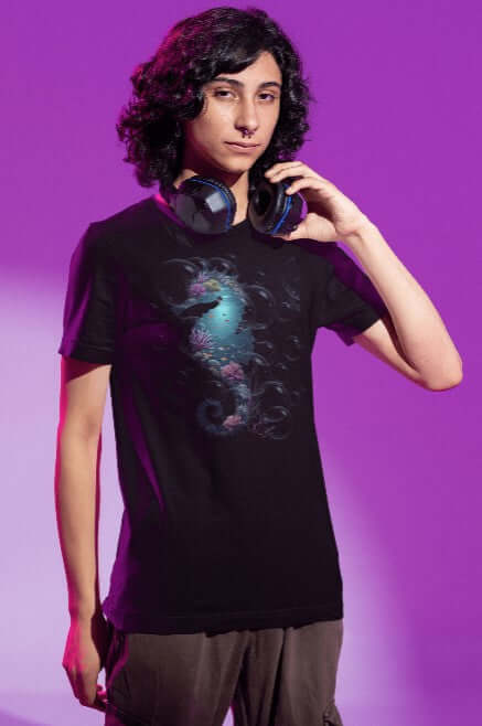 Person wearing a black unisex t-shirt featuring a glowing seahorse silhouette filled with vibrant coral, ocean bubbles, and reef detail – a beach vibes tee for ocean lovers.