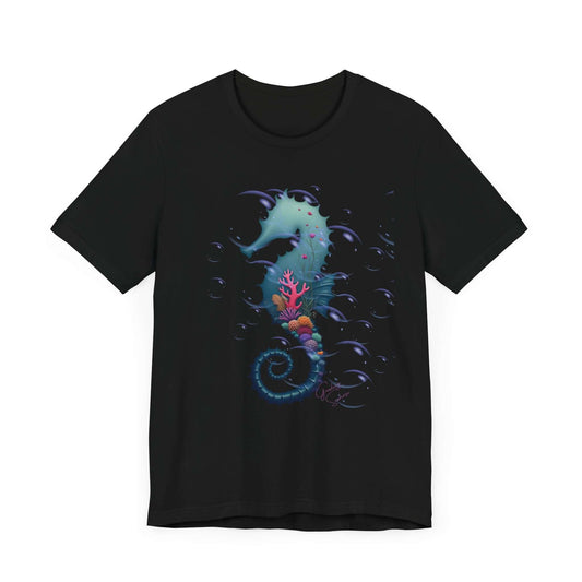 Black t-shirt with a glowing seahorse silhouette graphic that reveals an underwater world of coral, fish, and dreamy light rays. A bold, mysterious design for beach lovers and scuba enthusiasts.