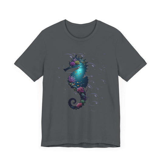 Heather grey unisex tee with a dreamy seahorse silhouette filled with vibrant coral reef detail and marine life, perfect for ocean enthusiasts.